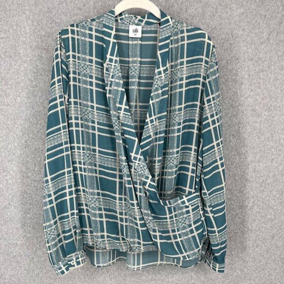 Cabi Windowpane Wrap Front Blouse Size M Teal Cream Plaid Office Work LS 3068 - Picture 1 of 12